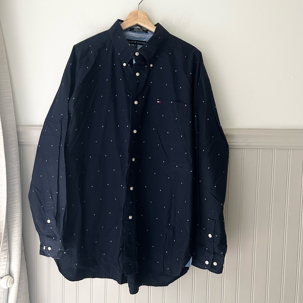 Y2K Tommy Hilfiger Men’s XL Navy Blue White Polka Dot Long Sleeve Cotton Shirt